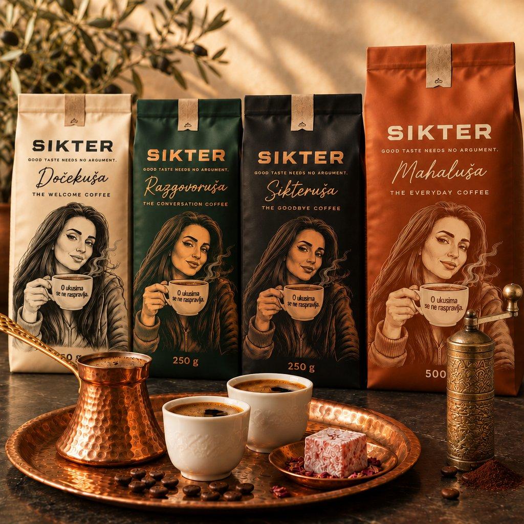 Four SIKTER coffee bags with a copper džezva, two cups and a brass hand grinder